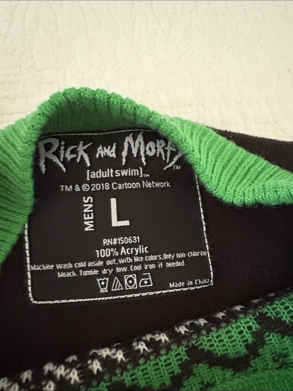 Cartoon Network Rick and Morty Black, Green & White Holiday Crewneck Sweater - Picture 2 of 3